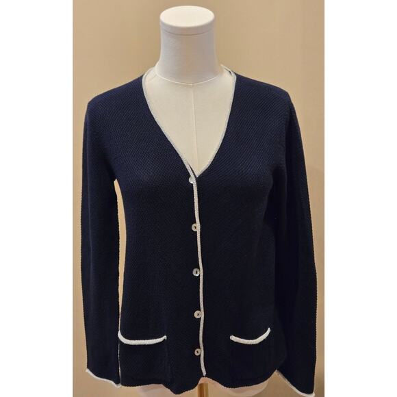 Hubert Gasser Italy Navy Blue Silver Metallic Trim Button Cardigan Cotton Small - Picture 2 of 9